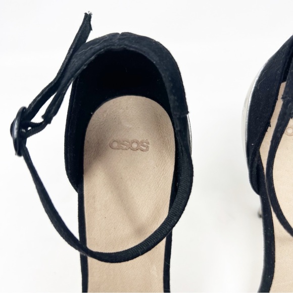 ASOS BLACK FAUX SUEDE SILVER METAL SOOKE ANKLE STRAP HEELS WOMENS UK6/US8 - Picture 3 of 7